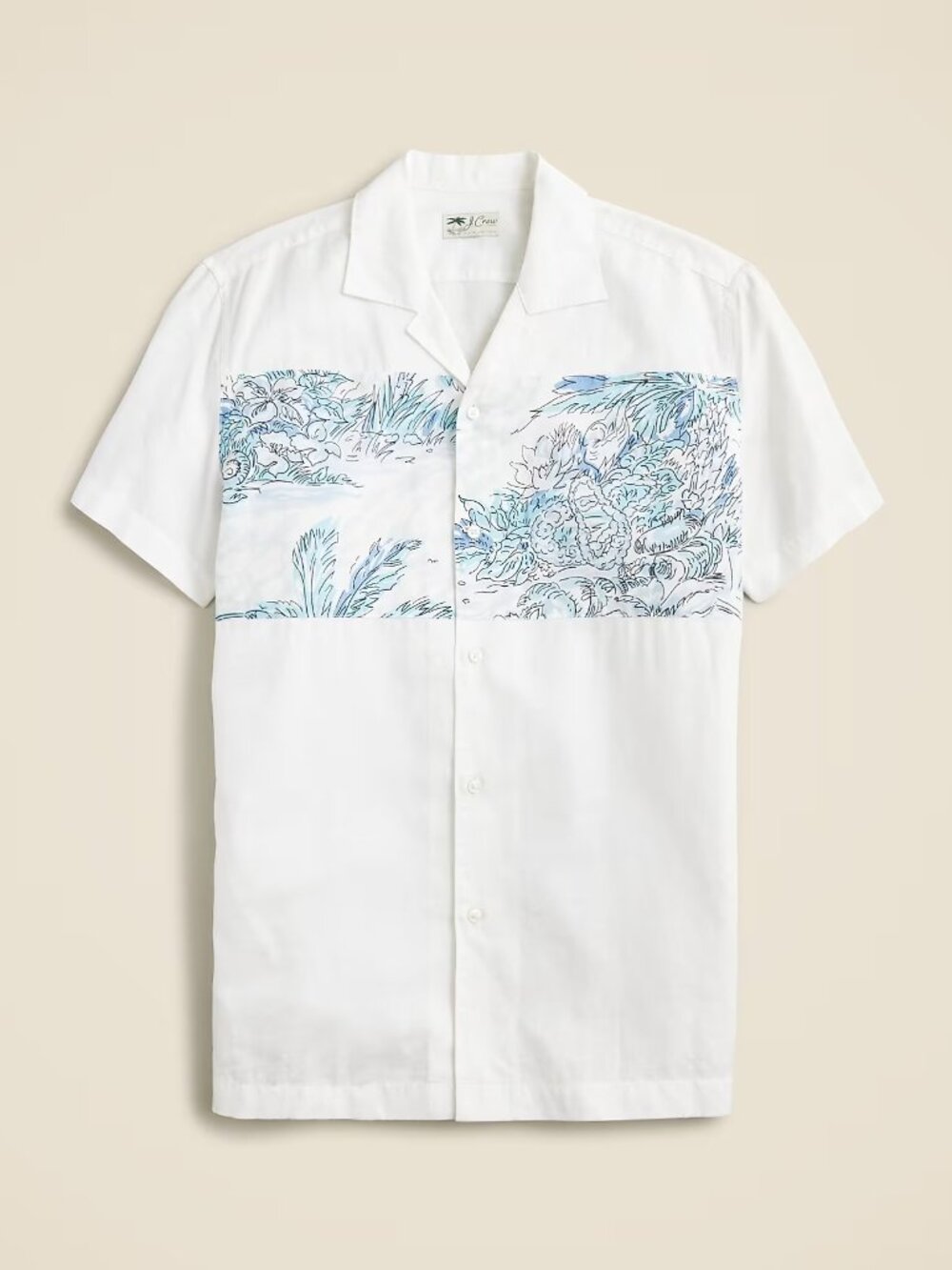 Men's White Short-Sleeve Casual Button-Down Cotton Linen Blue Tropical Print